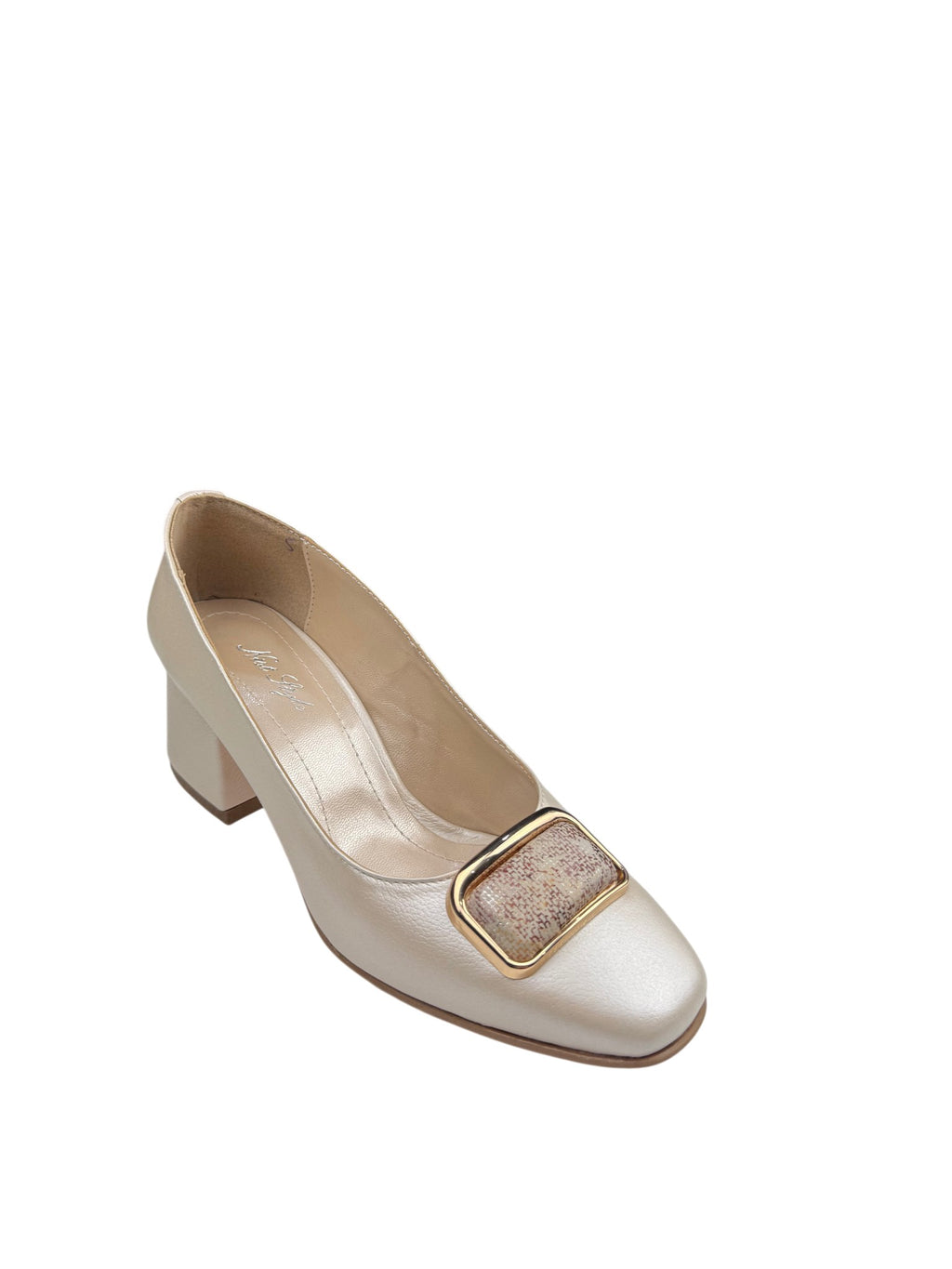 Pantofi eleganți damă crem din piele naturală cu toc gros și accesoriu decorativ