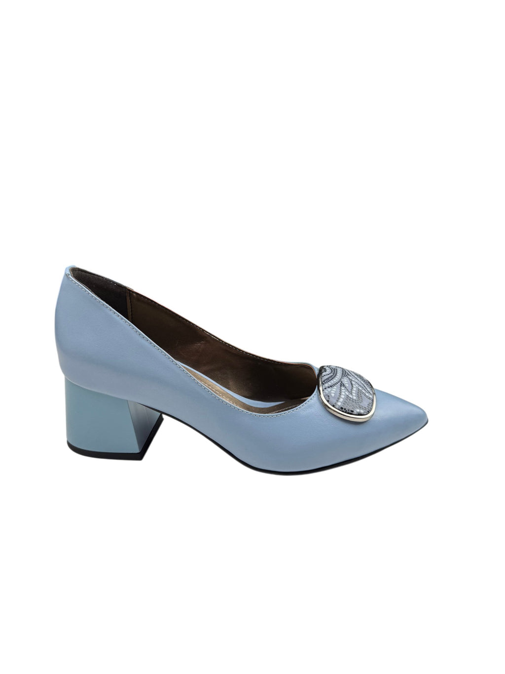 Pantofi eleganți damă bleu din piele naturală cu toc gros și accesoriu decorativ