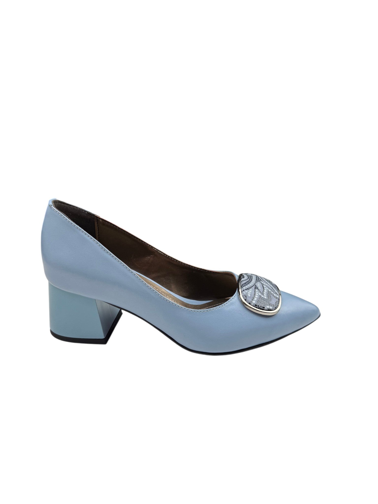 Pantofi eleganți damă bleu din piele naturală cu toc gros și accesoriu decorativ