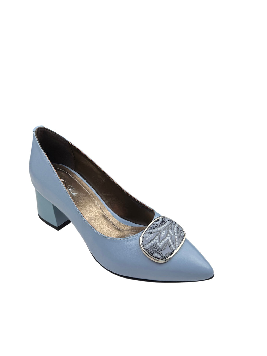Pantofi eleganți damă bleu din piele naturală cu toc gros și accesoriu decorativ