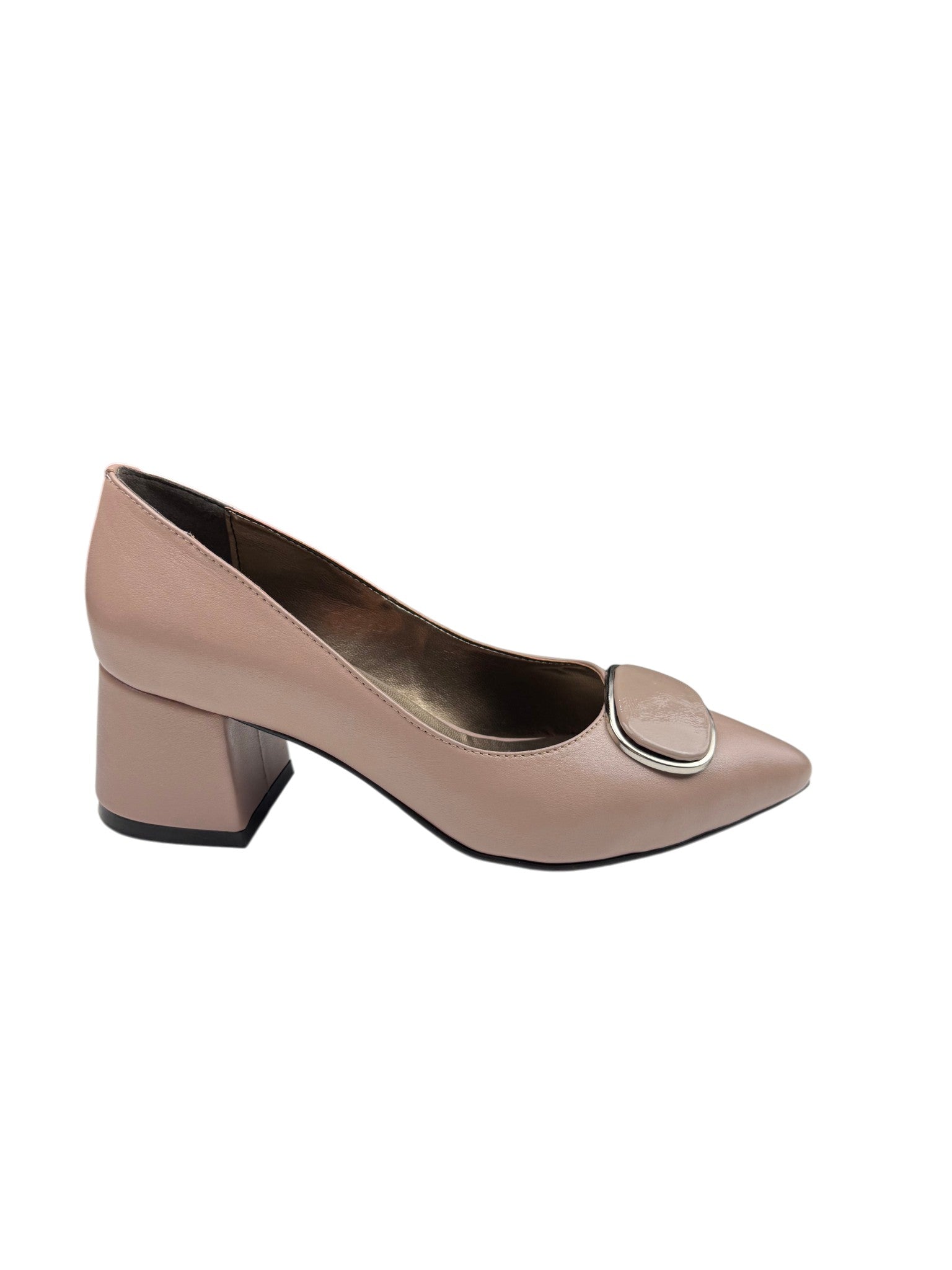 Pantofi eleganți damă bej din piele naturală cu toc gros și accesoriu decorativ