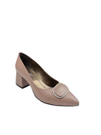 Pantofi eleganți damă bej din piele naturală cu toc gros și accesoriu decorativ