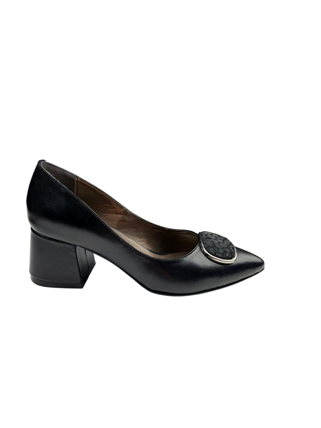 Pantofi eleganți damă negri din piele naturală cu toc gros și accesoriu decorativ