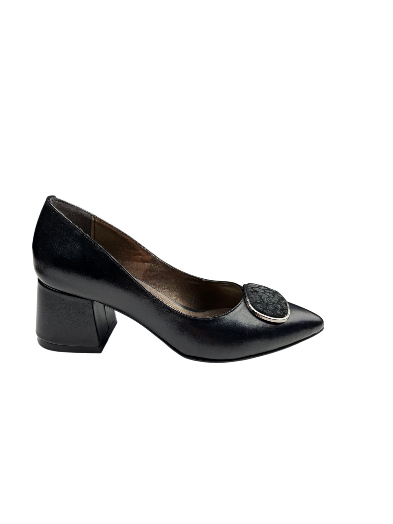 Pantofi eleganți damă negri din piele naturală cu toc gros și accesoriu decorativ