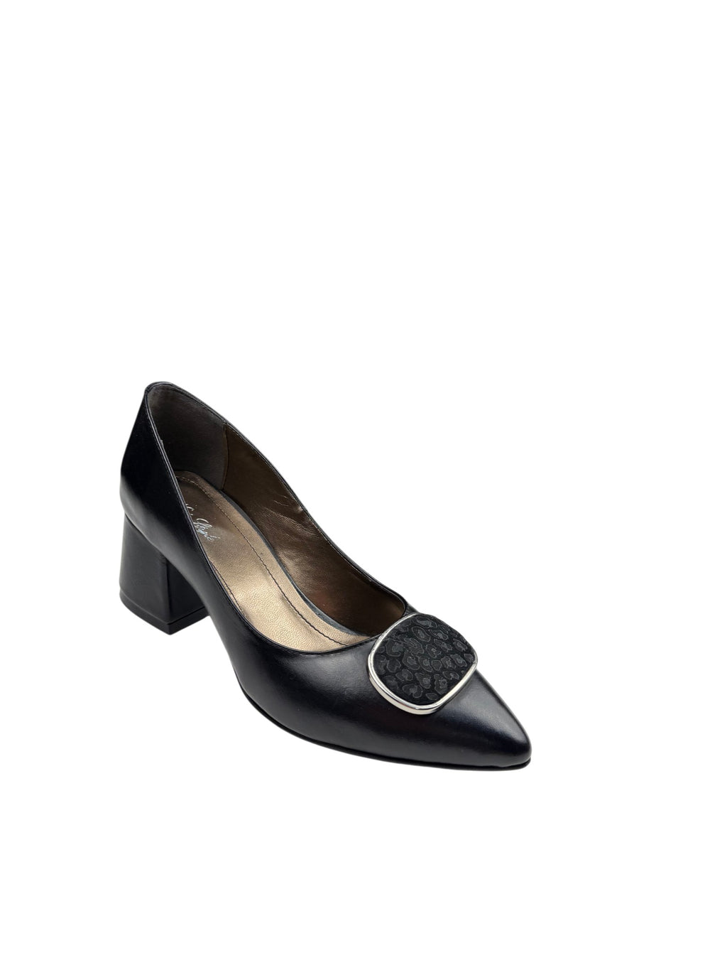 Pantofi eleganți damă negri din piele naturală cu toc gros și accesoriu decorativ
