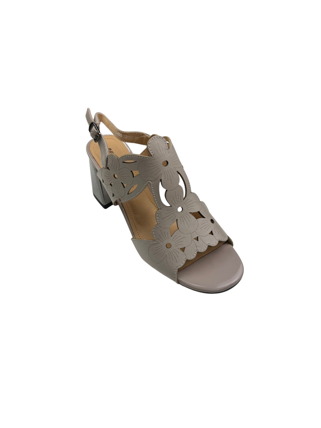 Sandale elegante damă gri taupe din piele naturală cu decupaje florale și toc gros