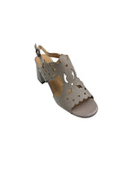 Sandale elegante damă gri taupe din piele naturală cu decupaje florale și toc gros