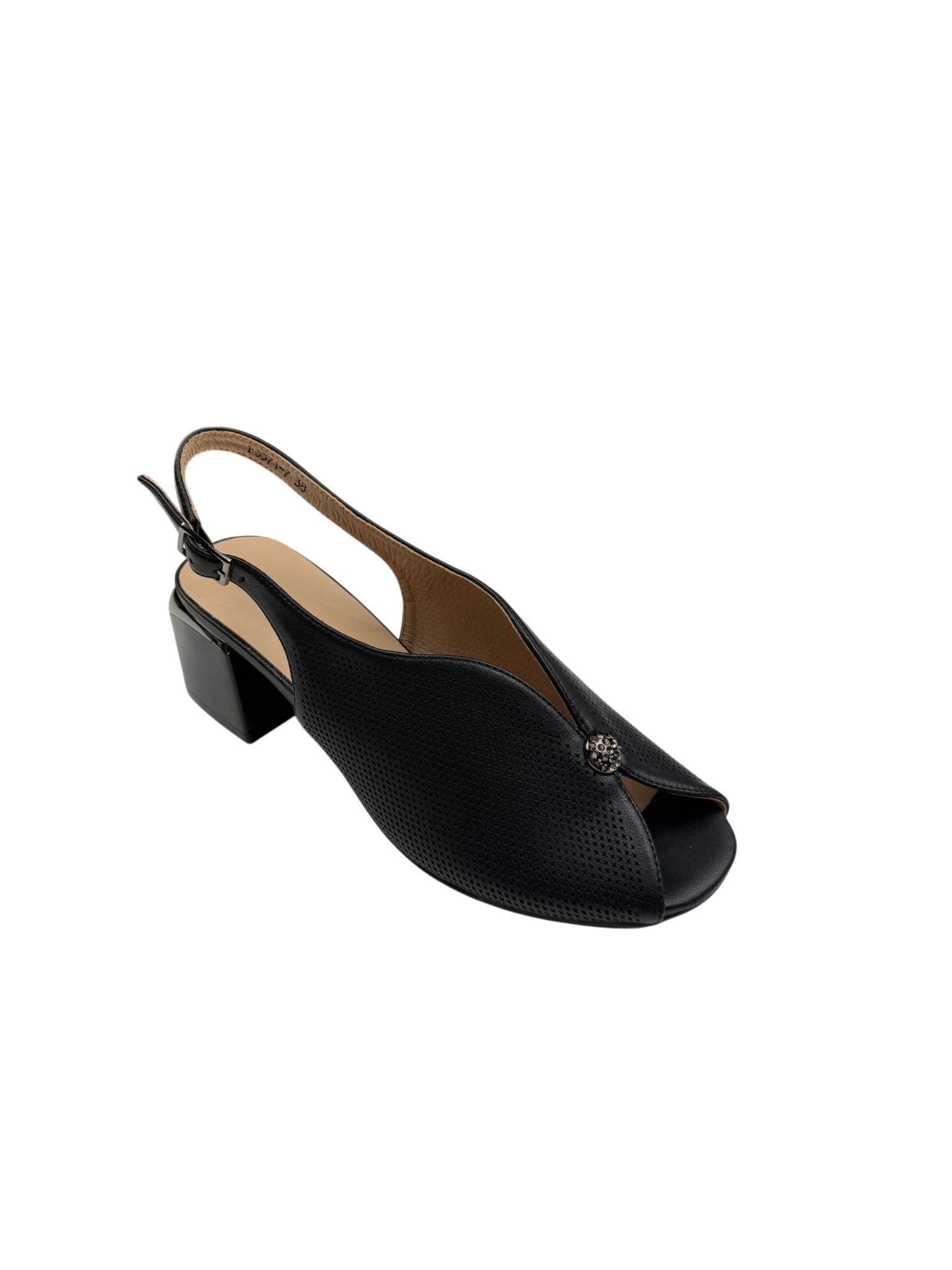 Sandale elegante damă negre din piele naturală cu perforații și toc gros