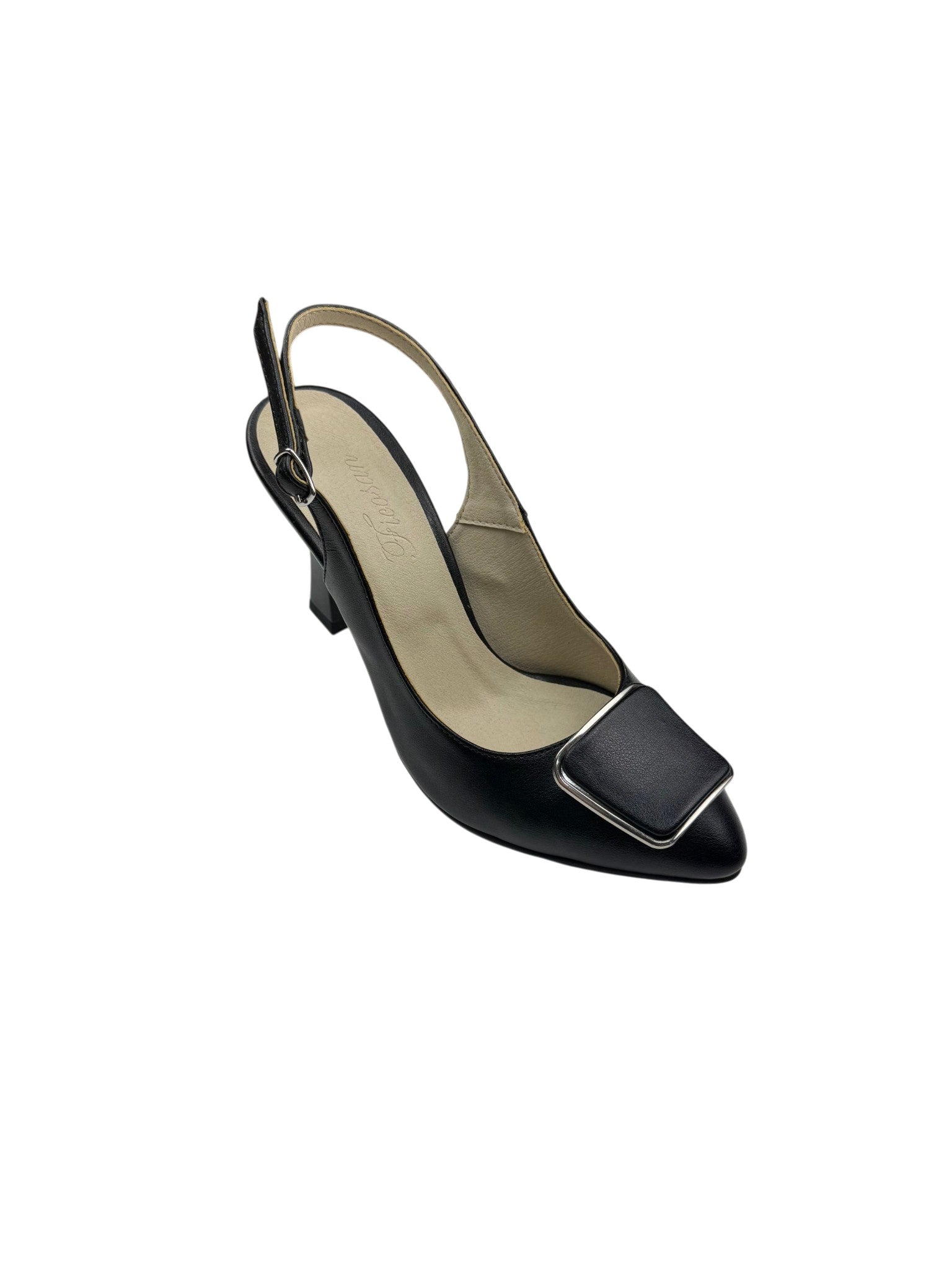 Pantofi eleganți damă negri din piele naturală cu toc subțire și cataramă pătrată