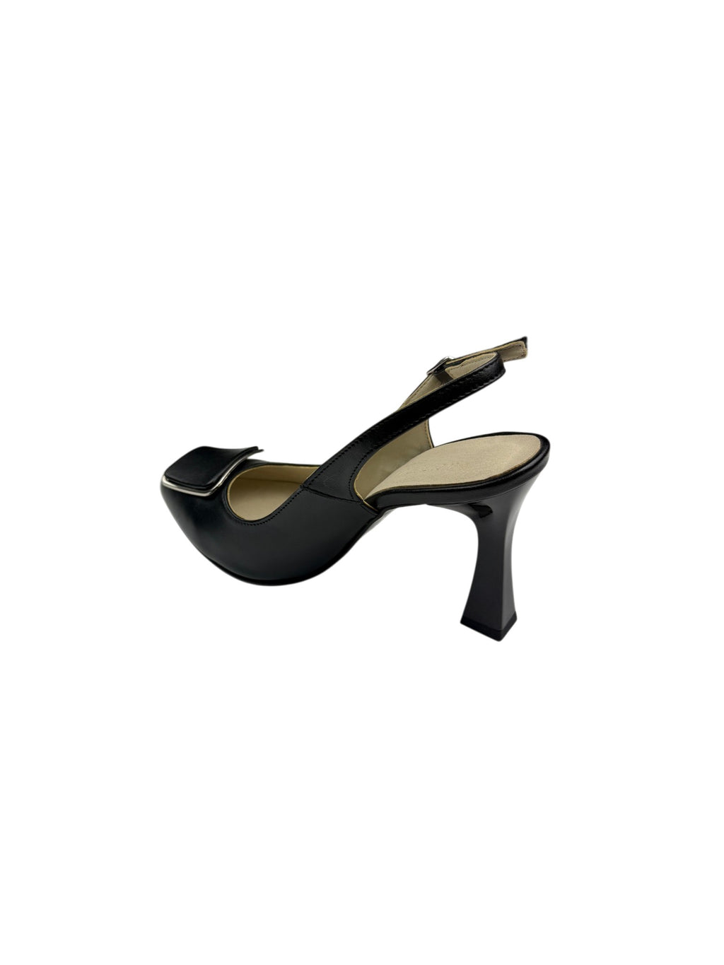 Pantofi eleganți damă negri din piele naturală cu toc subțire și cataramă pătrată