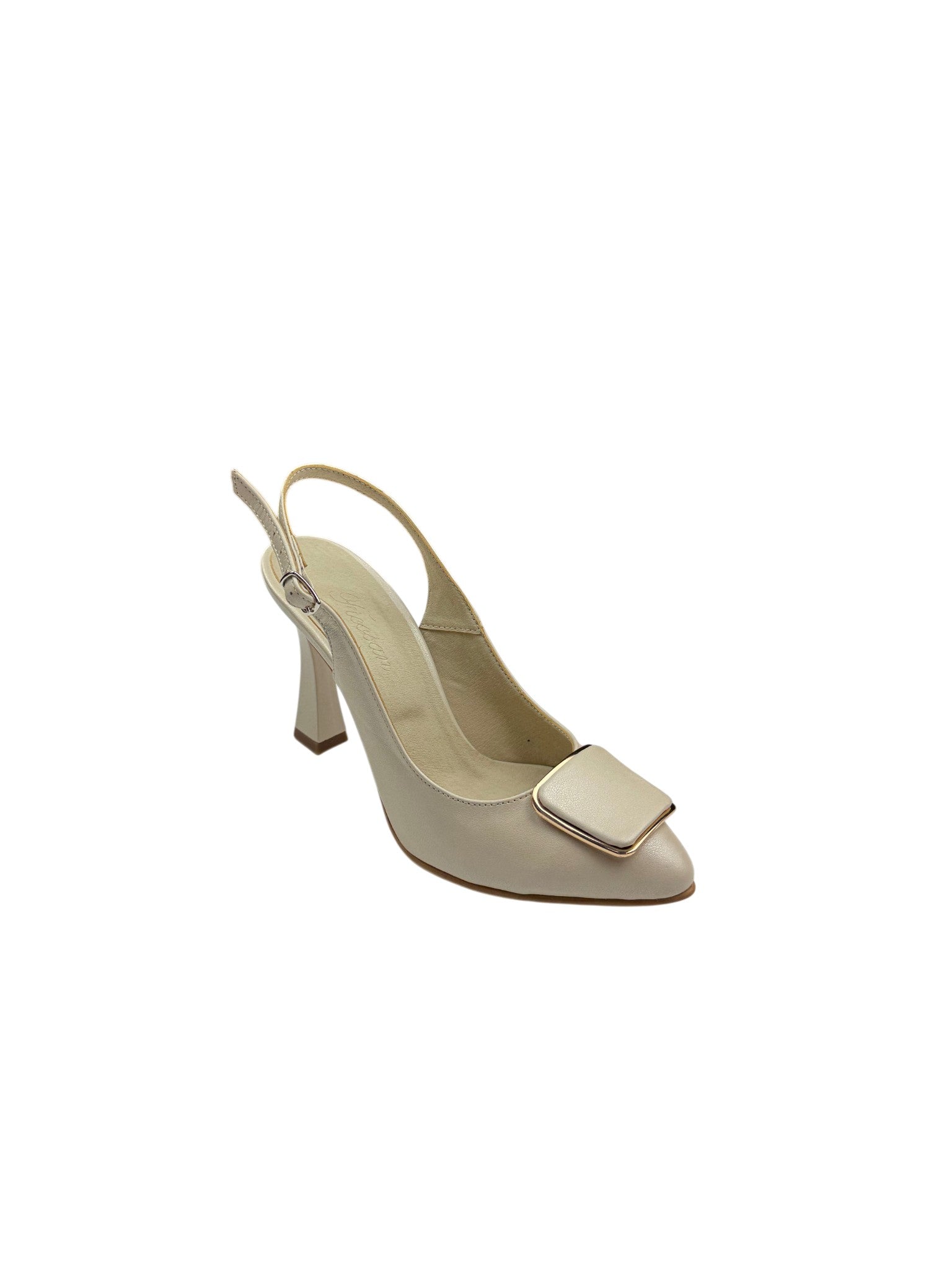 Pantofi eleganți damă bej din piele naturală cu toc subțire și cataramă pătrată