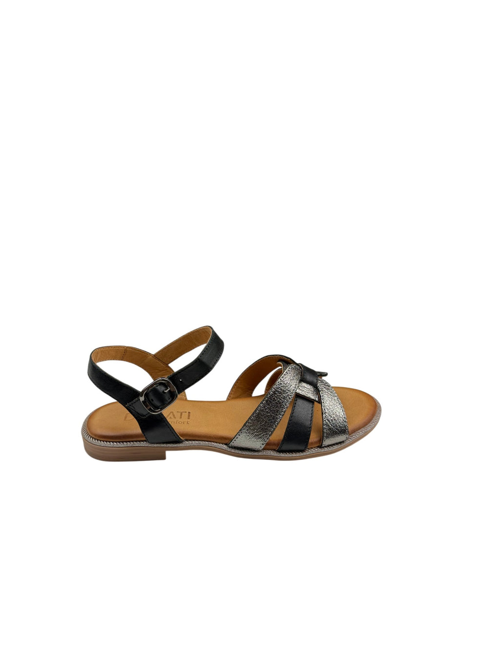 Sandale casual damă negre din piele naturală cu bretele argintii