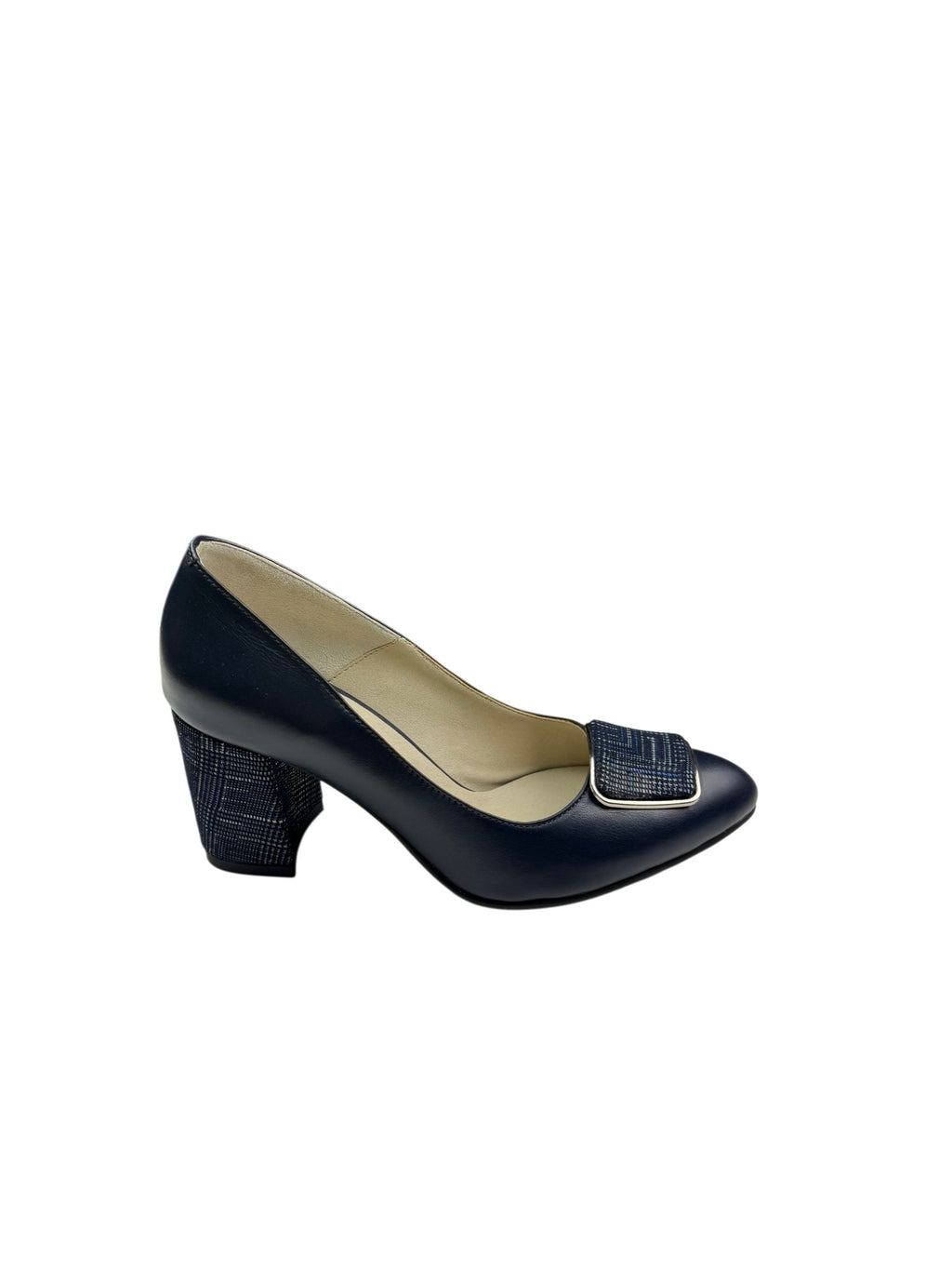 Pantofi eleganți damă bleumarin cu toc gros și cataramă