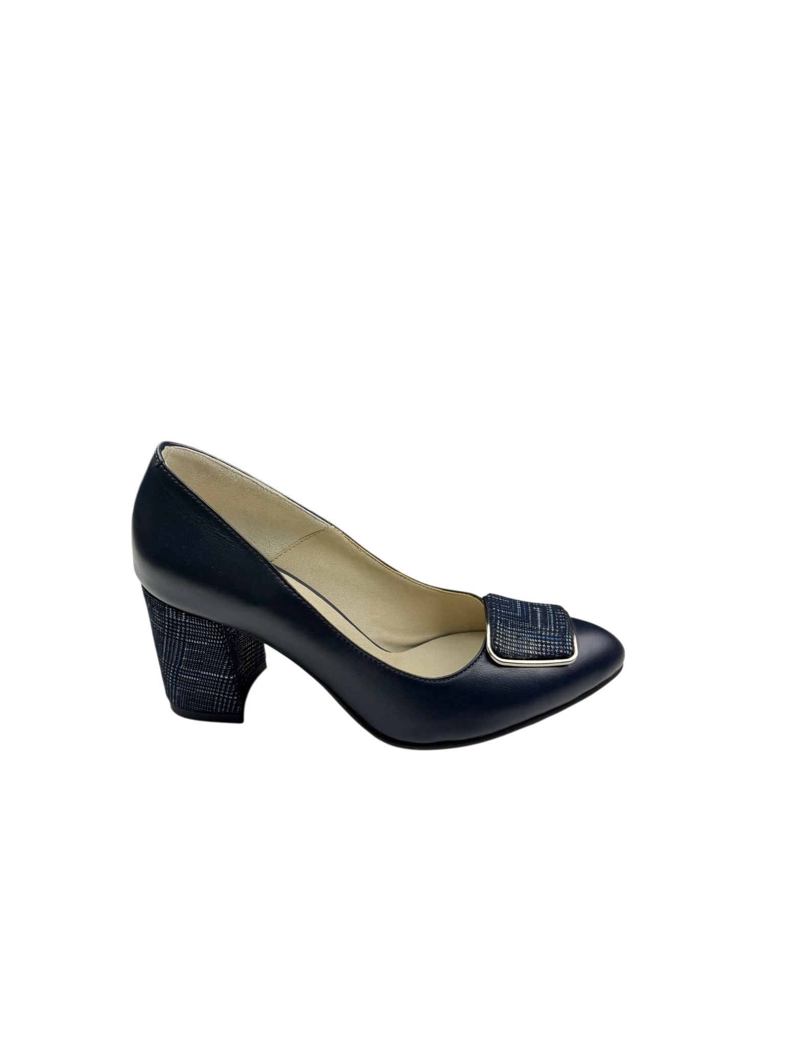 Pantofi eleganți damă bleumarin cu toc gros și cataramă