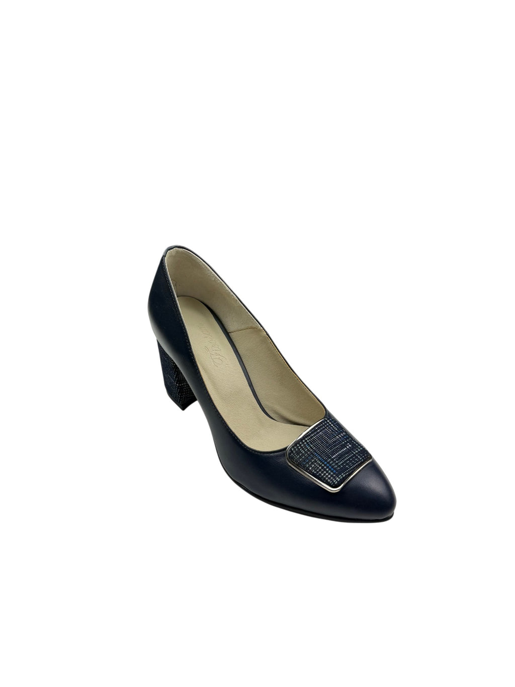 Pantofi eleganți damă bleumarin cu toc gros și cataramă