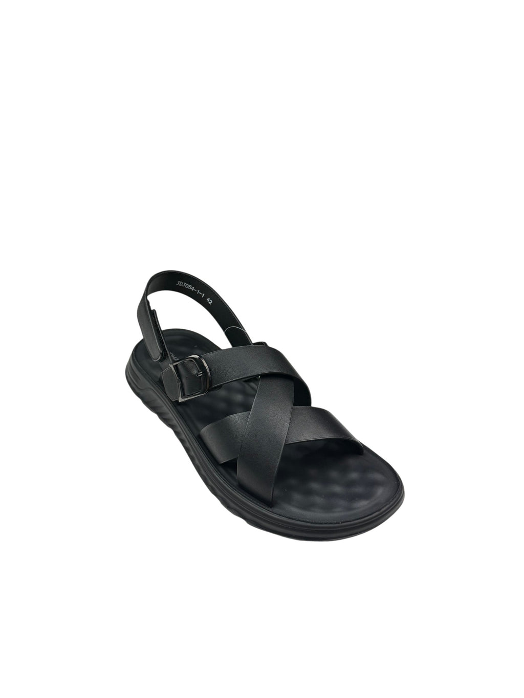 Sandale casual bărbați negre din piele naturală cu bretele împletite și cataramă