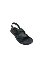 Sandale casual bărbați negre din piele naturală cu bretele împletite și cataramă