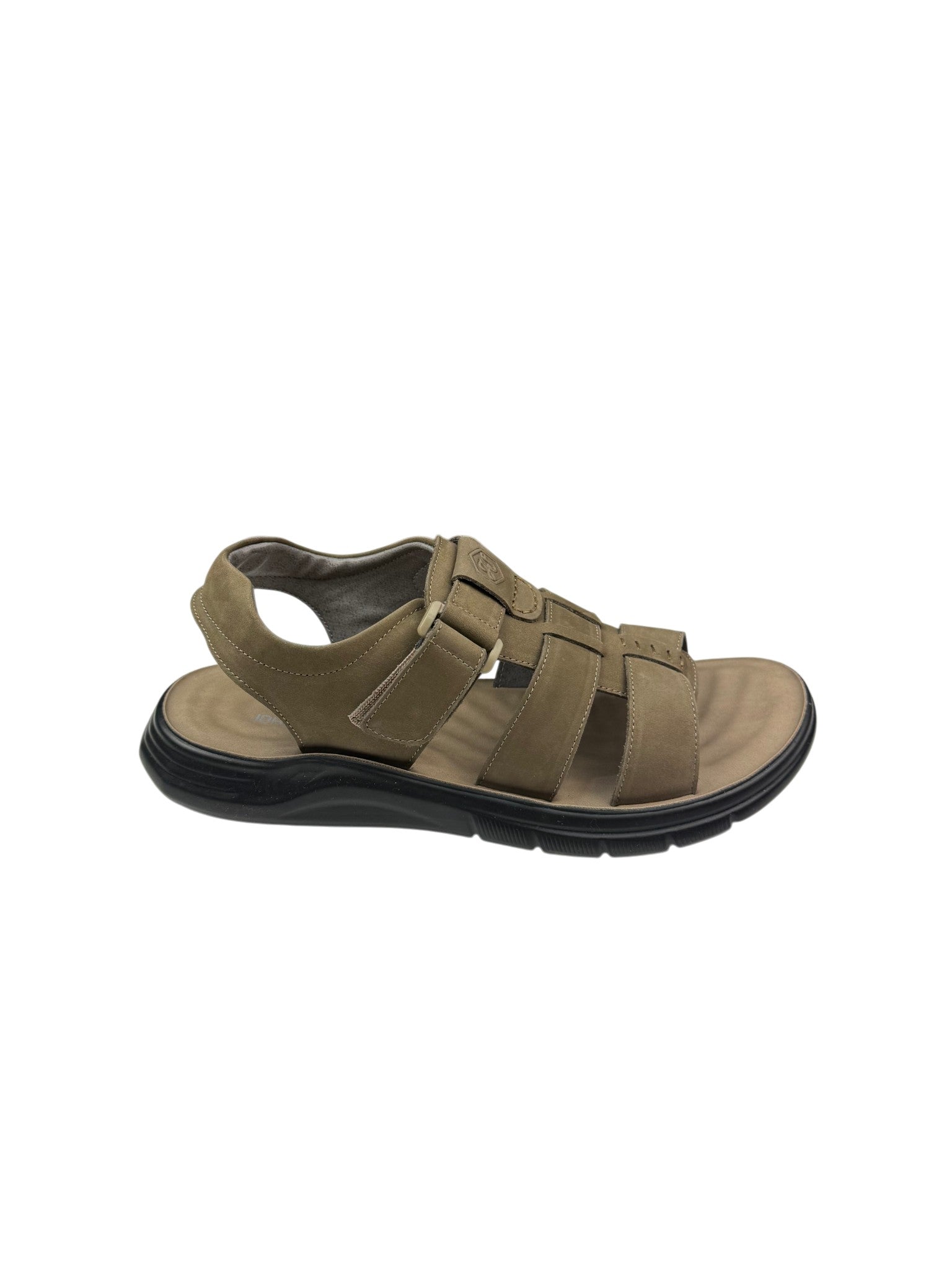 Sandale casual bărbați kaki din piele naturală cu bretele late și închidere cu arici
