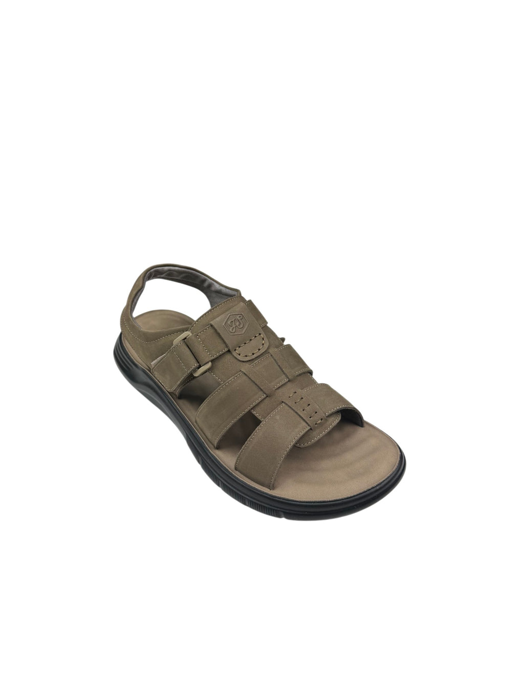 Sandale casual bărbați kaki din piele naturală cu bretele late și închidere cu arici