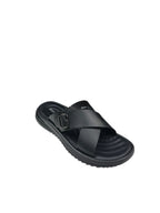 Papuci casual bărbați negri din piele naturală cu bretele încrucișate și cataramă