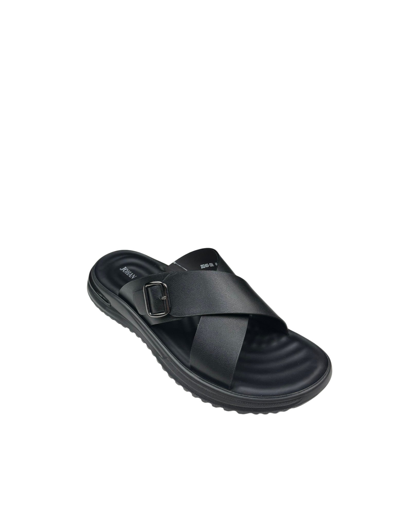 Papuci casual bărbați negri din piele naturală cu bretele încrucișate și cataramă