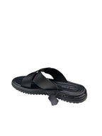 Papuci casual bărbați negri din piele naturală cu bretele încrucișate și cataramă