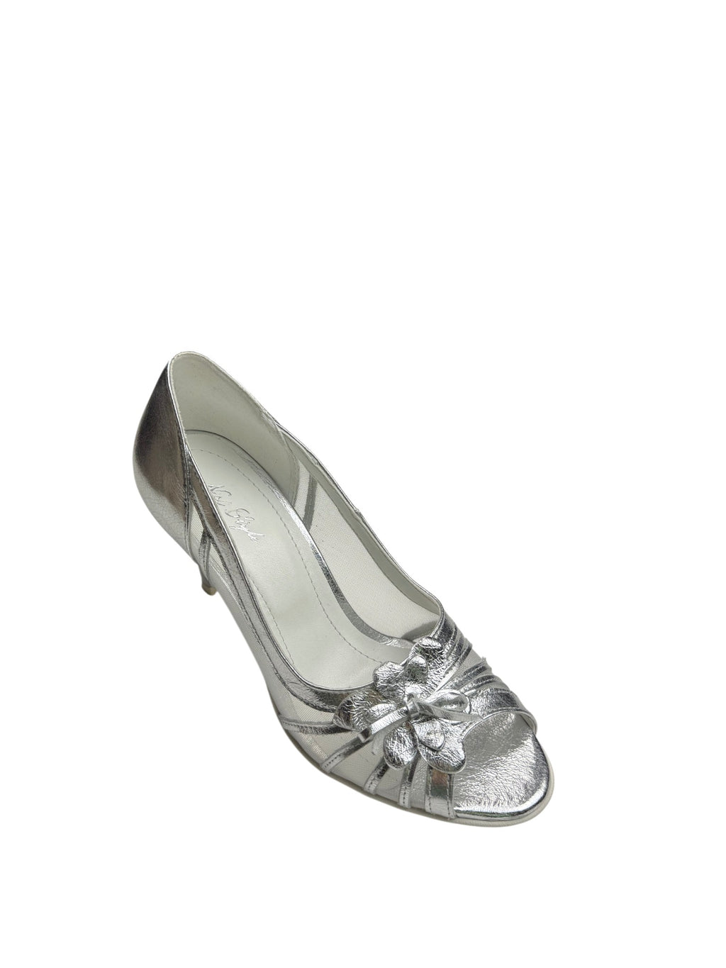 Pantofi eleganți damă argintii cu toc, plasă și floare