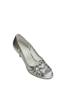 Pantofi eleganți damă argintii cu toc, plasă și floare