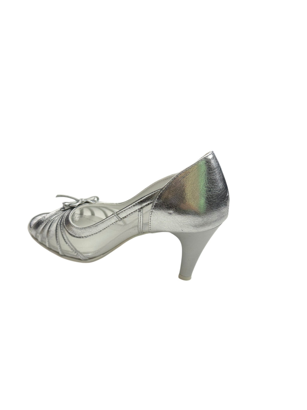 Pantofi eleganți damă argintii cu toc, plasă și floare