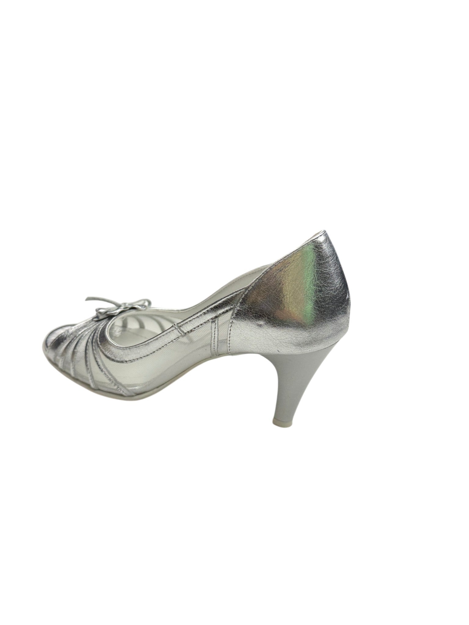 Pantofi eleganți damă argintii cu toc, plasă și floare