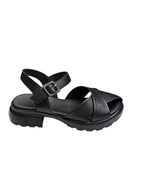 Sandale casual damă negre din piele naturală cu bretele late