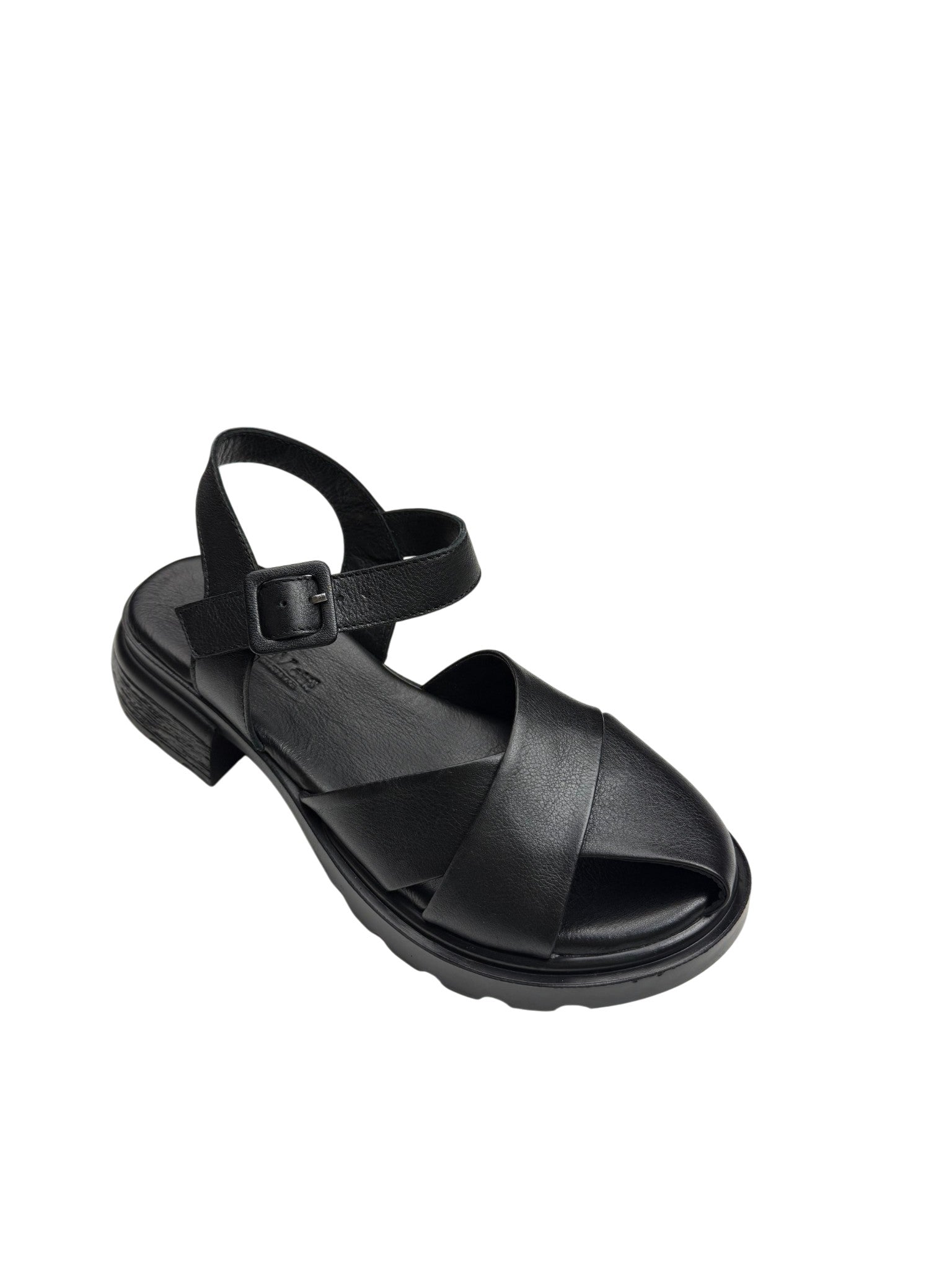 Sandale casual damă negre din piele naturală cu bretele late