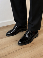 Pantofi eleganți bărbați negri lăcuiți din piele naturală cu vârf simplu