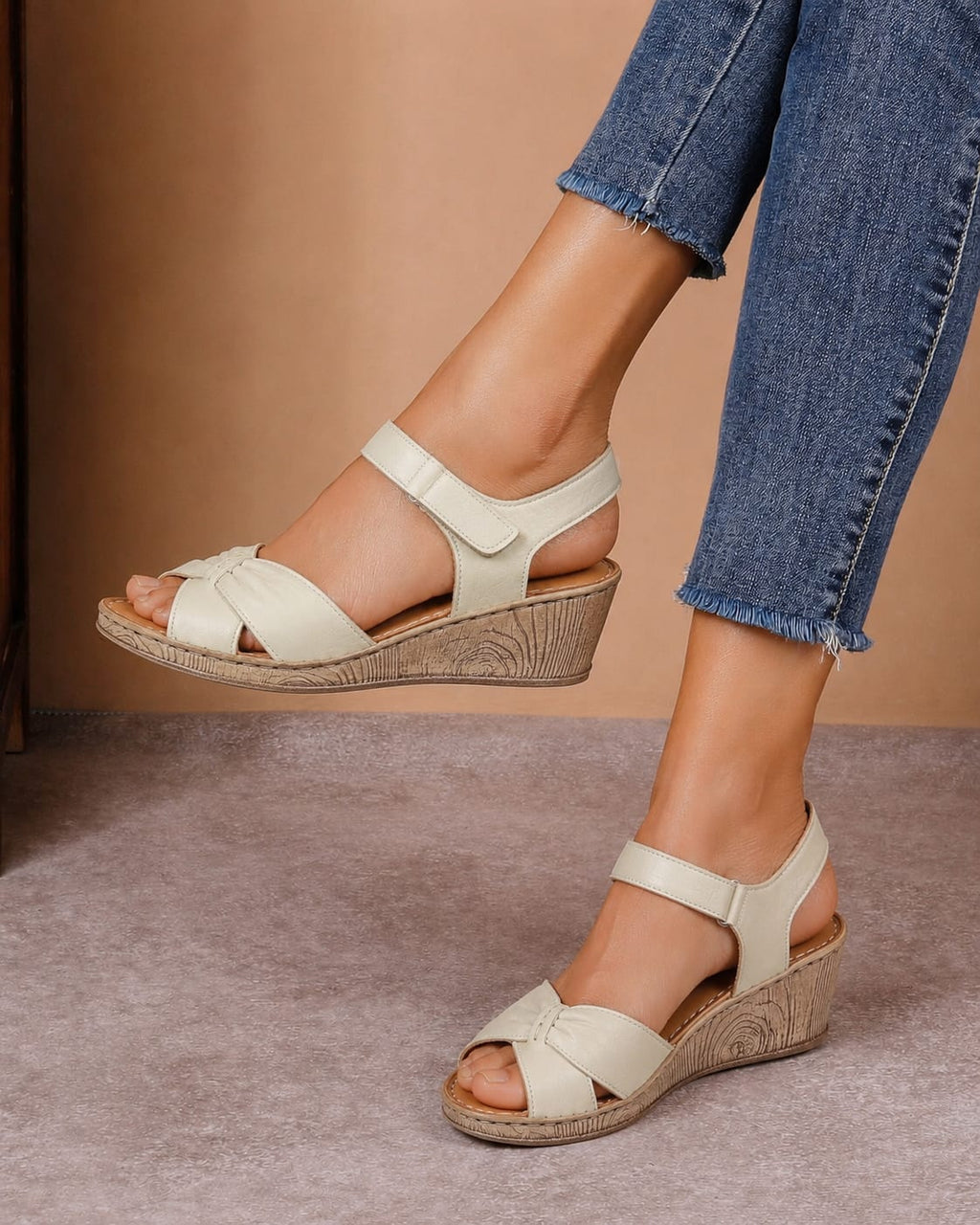Sandale casual damă bej din piele naturală cu platformă