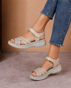 Sandale casual damă bej din piele naturală și bretele perforate
