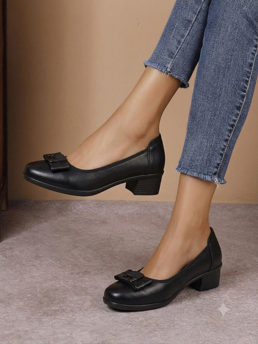 Pantofi casual damă negri din piele naturală cu fundă