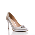 Pantofi eleganți damă argintii cu toc și accesoriu strălucitor